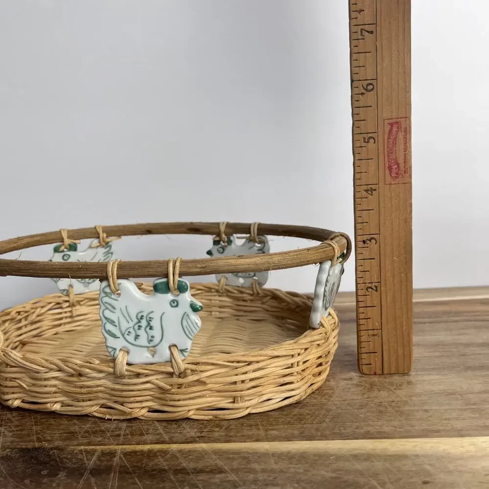 Vintage Wicker Basket w/ White & Sage Green Ceramic Chicken Accents Farmhouse